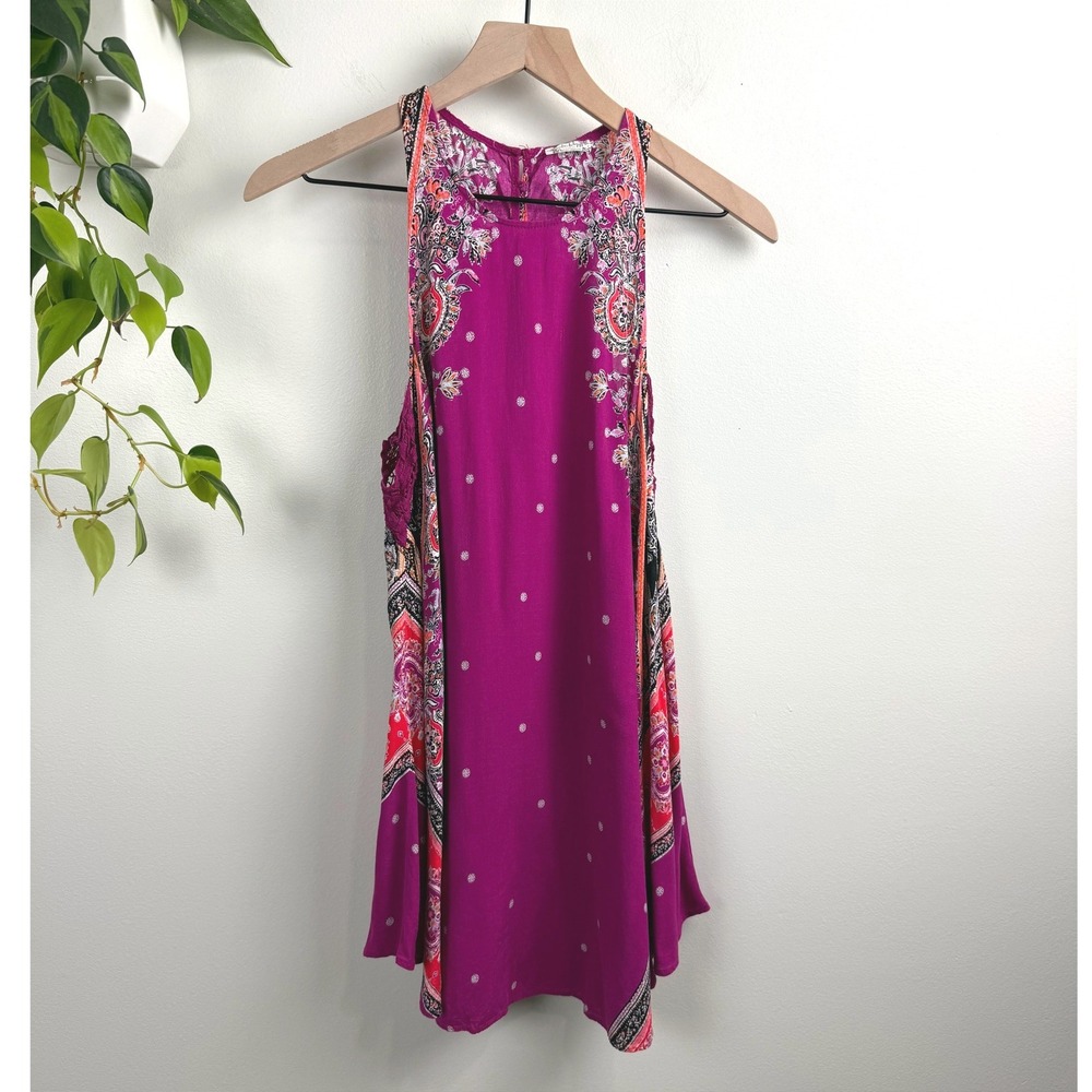 Free People Intimately Magenta Purple Boho Border Print Halter Mini Dress XS